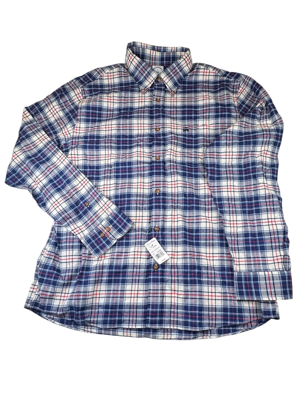 NWT Brook Brothers Men's Large Blue/White Plaid Cotton Button Up Flannel Shirt